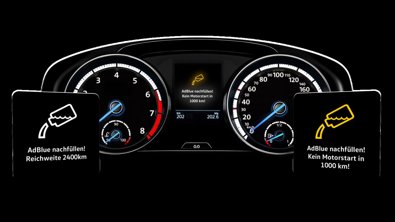 How will I know if the system needs a top-up of AdBlue? A close up view of an Adblue signal being triggered on a Volkswagen vehicle's driver information system.