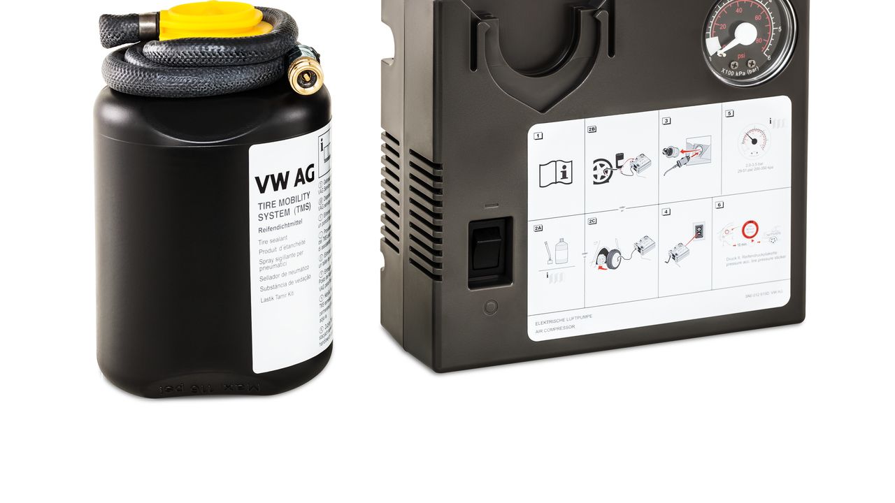 Tyre mobility set An etched out image of a tyre sealant and a 12-volt compressor system.