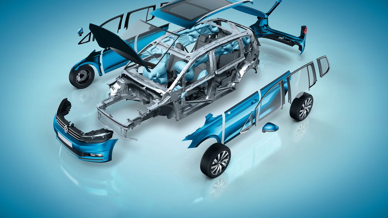 New knee protection An image of an organised component disassembling of a Volkswagen vehicle.