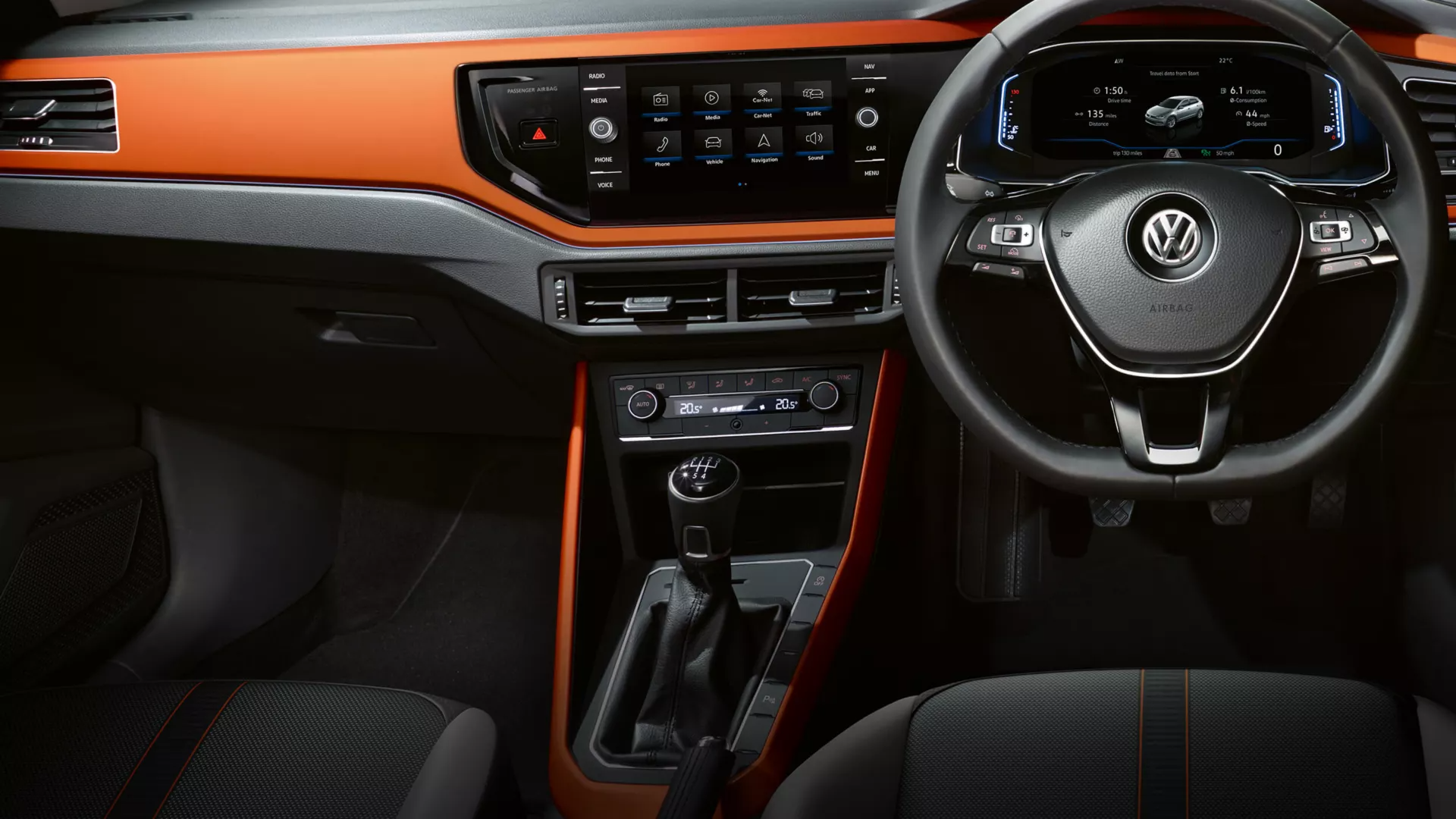 Environmentally friendly - no CFCs A close-up look of a Volkswagen vehicle's modern digital cockpit.