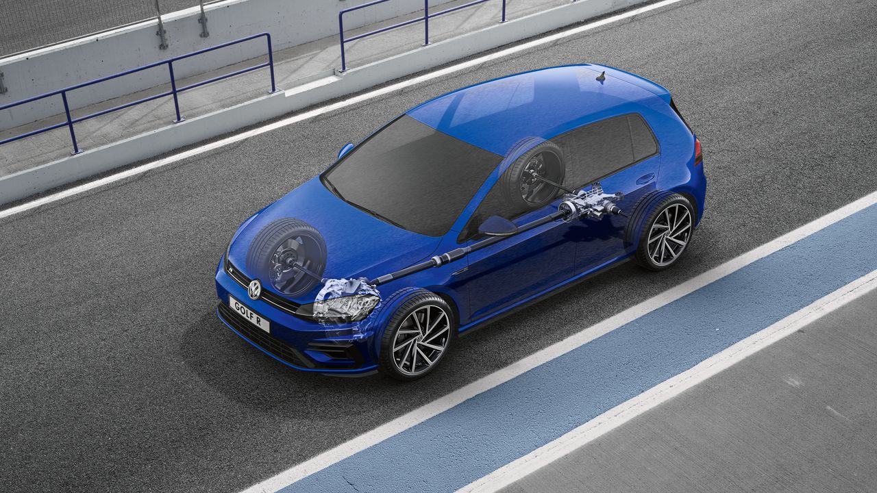 Split-second actions of Volkswagen's 4MOTION technology An image depicting the interaction of a Volkswagen vehicle's dynamic sensors, engine management system and gearbox.